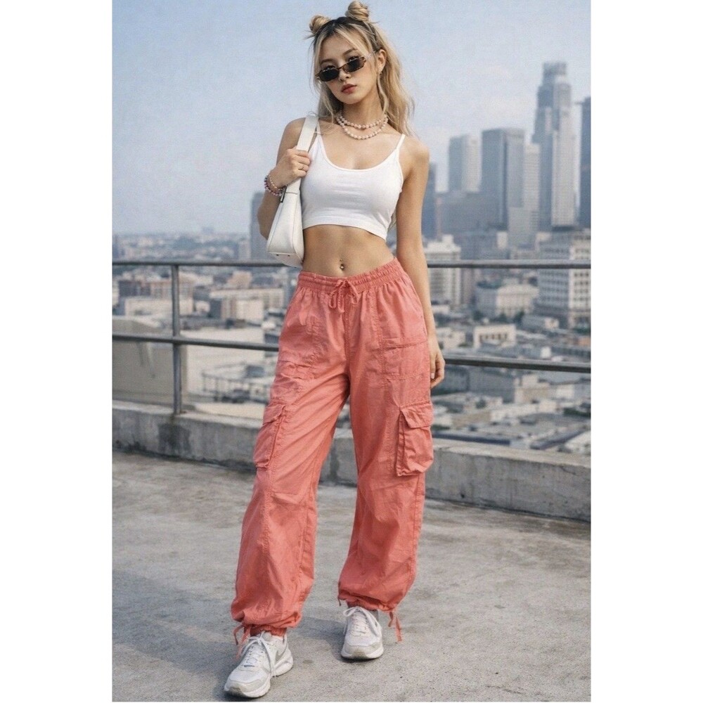 Aerie Coral Cargo Parachute Pants Small Y2K Lounge Drawstring Pocket Jogger Cute